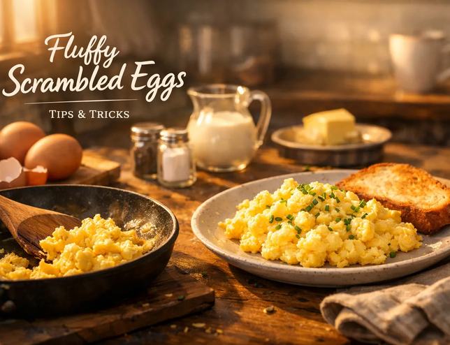 Rustic kitchen scene with fluffy and creamy scrambled eggs served on a plate with crusty toast, cooked on a skillet.