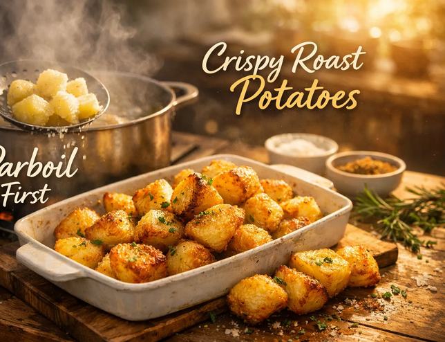 Demonstration of the parboil method for extra crispy roast potatoes: boiling potato chunks in a pot before roasting them to a caramelized golden-brown crunch in a ceramic dish.