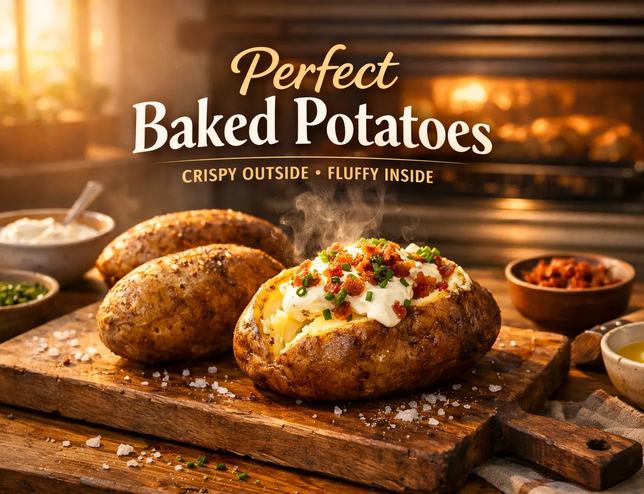 Perfectly baked whole potatoes with a salty crispy skin and hot, light and fluffy center, topped with sour cream and chives on a rustic wooden board.